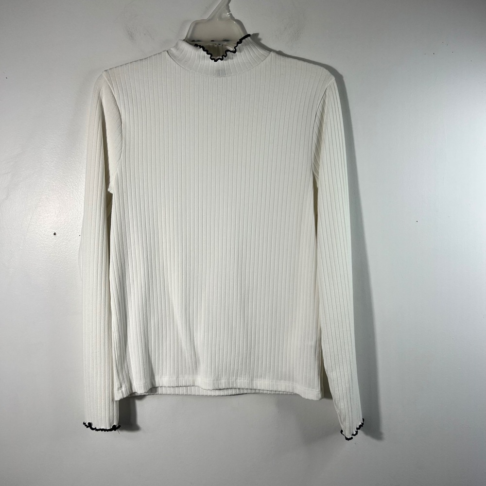 Womens J Crew Ruffle Neck Ribbed Knit Top Long Sleeve White Black M
